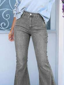 Quần jean ống loe cổ điển, viền tua rua, dáng thường ngày (vải cotton pha trộn) dành cho nữ - Xám - Xem 5