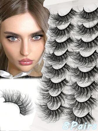8 par 3D fluffiga, spetsiga, naturliga våta ögonfransar med ympningsliknande effekt, konstgjorda minkfransar, svart band, långa, naturliga och dramatiska ögonfransförlängningar, sminkverktyg