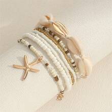 Women's Bohemian Style Starfish, Beach Shell And Rice Braid Bracelet, 7 Piece Set - Blanco - Ver 12
