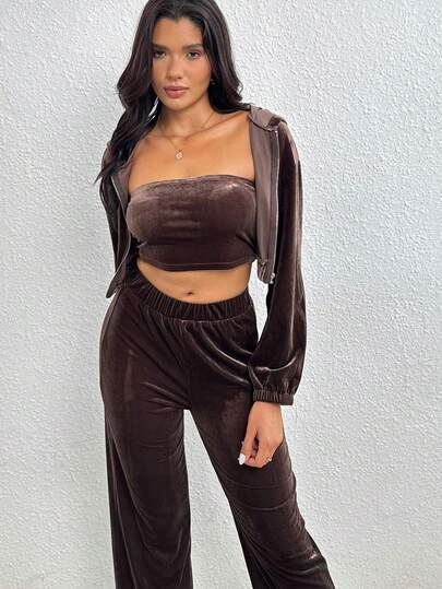 3件套女士天鹅绒性感舒适休闲运动套装，时尚风格