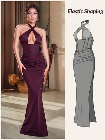 CurvySweet 优雅性感白色露背吊带紧身长款礼服，内置胸罩，鱼骨支撑，腰部褶皱设计，高开衩，晚宴派对礼服，新年礼服