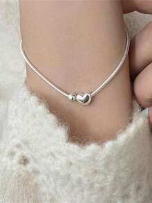 Heart Bracelet For Women,Adjustable Link Bracelet Bangle,Elegant Sterling Silver Bracelet, Heart-Shaped Pendant Bracelet, Simple And Fashionable Jewelry,Summer Beach Ladies Braided Jewelry,Smooth Texture, Not Easy To Rust, Exquisite And Compact, Easy To Adjust, Smooth And Shiny