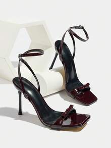 Women's High Heels, Suitable For Spring/Summer Night Parties, Gatherings, Outdoor Occasions, Fashion Socialite High-End Banquet, Black Color, Square Toe, Shiny, 3D Butterfly Decor, Strap , High-Quality Soft Mirror Material, Sexy Adjustable Ankle Strap, Elegant And Luxurious Wine Red Color, Matching Dresses And Formal Outfits, Ballroom Party High Heels - Burgundy - View 4