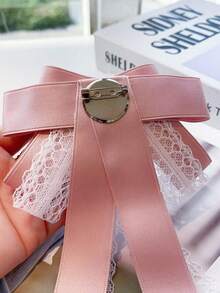 1件花卉印花优雅涤纶领带，复古蕾丝蝴蝶结发夹配精致水晶珍珠顶夹，仙气飘飘的雪纺丝带发饰 - 粉色 - 查看 5