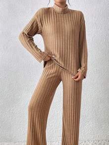 Autumn And Winter Leisure Suit: Fleece Stripe High Collar Solid Color Long-Sleeved Top + Comfortable Straight Loose Trousers Two-Piece Set - 咖啡棕 - 查看 3