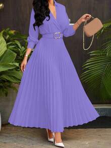 轻盈面料宽松纯色褶皱连衣裙，配腰带，复古风格女装，适合秋冬季节，优雅女士，返校节、婚礼、生日、教师装等场合。 - 紫丁香色 - 查看 2
