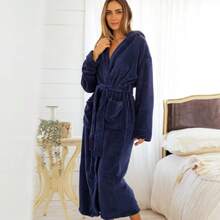 Womens Robe, Long Plush Bathrobe With Hood, Hooded Robes For Women Plus Size Bath Robe,31371249 - 藏蓝色 - 查看 5