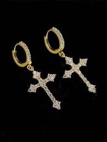 1pair Diamond Rhombus Cross Ear Studs, Unique European And American High-End Design For Men And Women