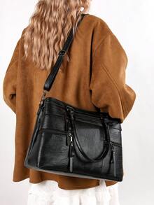 1 件女士纯色复古手提包，大容量托特包，带多个拉链口袋，防水 PU 双提手便携式户外休闲商务多功能单肩包，缝线防盗斜挎包 - 黑色 - 查看 9