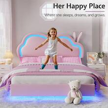 Floating Upholstered Bed Frame With LED Light, Cute Cloud Headboard For Girls, Sturdy Construction, Easy Assembly, No Box Spring Needed - Hồng - Xem 9