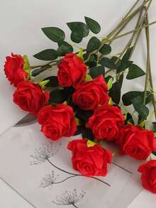 12pcs Romantic Roses Artificial Flowers-Declaration Of Love Rose Flowers With Long Stems Silk Flowers For Valentine's Day,Bridal Wedding Bouquet Centerpices Decorations Party Home&Living Decor - Multicolor - View 1