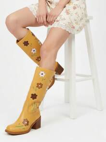 Western Boots For Women Flower Embroidery Mid Calf Boots Square Toe Chunky Block Heel Knee High Boots Low Heel Long Boots For Women Comfortable Casual Cowgirl Western Boots For Women Comfort Country Walking Shoes - 黃色 - 查看 7