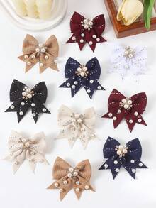 6pcs Solid Color Rhinestone Textured Bow Hair Clips, Elegant Pearl Crystal Barrettes, Suitable For Girls, Princesses, Daily Wear And Parties