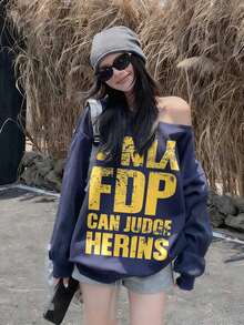 复古美式斜肩露肩长袖卫衣，新款秋季字母印花休闲宽松套头衫 - 藏蓝色 - 查看 1