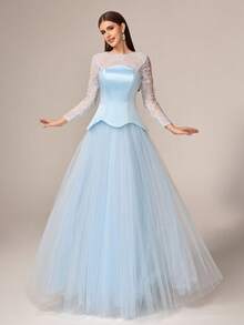 VIPGIRL Elegant Luxury Women's Formal Dress, Round Neck Lace Sleeves, Contrast Color Flared Mesh Dress, Valentine's Day Party - Baby Blue - View 7