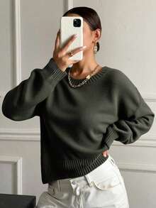 Livesso Loose Fit Cropped Pullover Sweater For Women, Versatile New Style Fall - Army Green - View 4