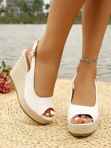 Mẫu sandal nữ thời trang mới năm 2026, kiểu dáng cổ điển, có một khóa cài, nơ đính đá, quai điều chỉnh được bằng da PU, đế dày, gót xuồng. - trắng - Xem 3