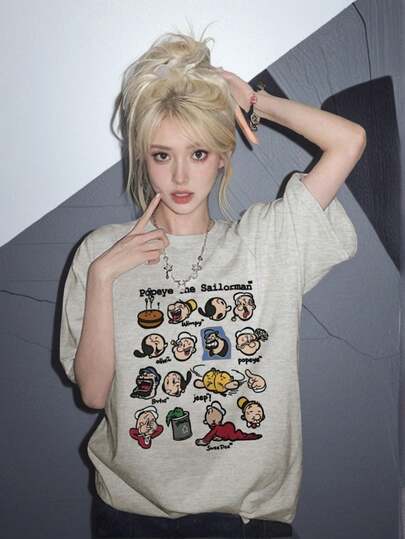 新款复古卡通印花短袖T恤，独特设计，修身休闲上衣，适合夏季