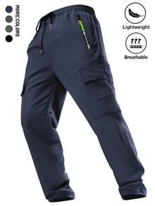 Men's Zipper Pocket Drawstring Cargo Pants, Elastic Waist, Large Pockets, Straight Leg Casual Trousers, Suitable For Outdoor Sports And Jogging, Spring/Autumn