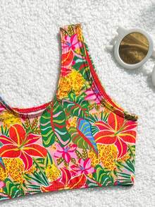 Young Girl Tropical Plant Print 3 PiecesSwimsuit Set: Vest, Shorts, And Split Skirt - Multicolor - View 5