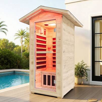 Outdoor Infrared Sauna For Home, Spruce Wood Dry Sauna 1/2/4 Person, Low EMF 2645W/240V Design With Tourmaline Stone Foot Warmer, 7-Color Light Therapy & Dual Bluetooth Speakers