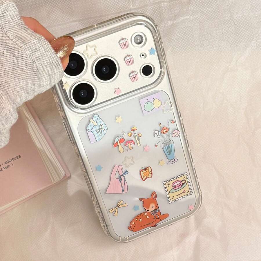 Kavenfort 1pc Transparent Vase Deer Cute Cartoon Phone Case Compatible With Iphone 16 Pro Max, 17, 12, 15, 13, Creative, Geometric, Cartoon Style, Cute, Niche, Ins Style - Clear - View 1