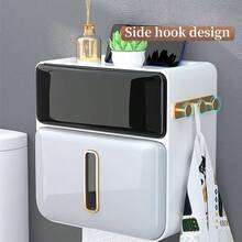 1个大容量壁挂式纸巾架，带抽屉，自粘双层塑料纸巾收纳盒，带挂钩，无需钻孔，可悬挂于淋浴房，多功能无缝壁挂式纸巾架，适用于浴室、厨房纸巾收纳、浴室配件、浴室工具 - 彩色 - 查看 8