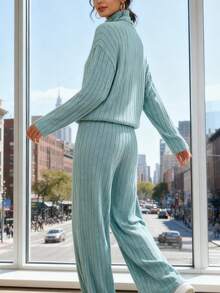 Women's Turtleneck Ribbed Knit Sweater And Wide Leg Pants Set, 2 Piece Outfit For Fall Winter, Loose Fit Casual Loungewear Tracksuit, Matching Set For Daily Wear - 藍色 - 查看 2