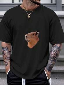 1 Piece Men's T-Shirt Black With Capybara Heart Design - Soft Round Neck Short Sleeve Shirt Made Of 180g Cotton, Streetwear & Everyday Wear - Machine Washable All Year Comfort - Black - View 1