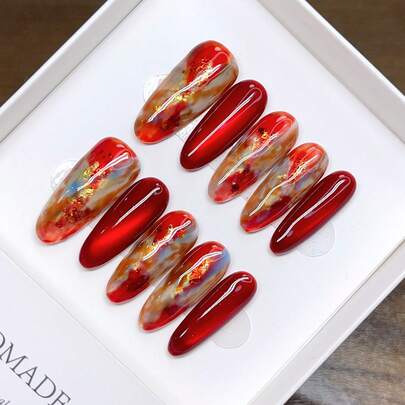 纯手工制作可佩戴美甲片，椭圆形；手绘油画敦煌红新年美甲，个性化秋冬美甲，简约设计，全覆盖假指甲，Y2K美甲，独特小众创意假指甲，日常美甲，现代风格美甲，可拆卸可重复使用。美甲用品，手工按压式美甲片