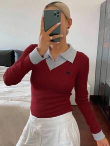 Livesso 女士拼接撞色二合一长袖图案刺绣毛衣，长袖上衣，秋季女装 - 酒紅色 - 查看 5