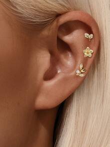 3 件不对称锆石 925 纯银单只耳环 女式时尚穿孔环状耳环 适合婚礼新娘首饰 - 金色 - 查看 3