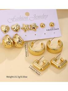 12pcs Golden Heart-Shaped Star C-Shaped Earring Set, Fashionable And Elegant, Suitable For Daily Wear, Parties And Events - Gold - View 4