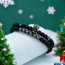 3pcs/Set Unisex Astronaut, Soccer, Heart Shaped Electronic Watch Paired With 2pcs Fashionable Crown Beaded Bracelet, Suitable For Christmas, Holidays, Daily Matching, School And Other Occasions - Black - View 2