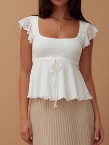 Women's Solid Color Cropped Square Neck Top With Bow Tie, Ruffle Cuffs, Flared Hem, And Slim Fit, Y2K Cute Style And French Elegant Style, Simple Versatile Design, Perfect For Everyday Outings, Street Style Photos, City Walks, Cafe Dates, Concerts, And Valentine's Day Outfits - 白色 - 查看 3