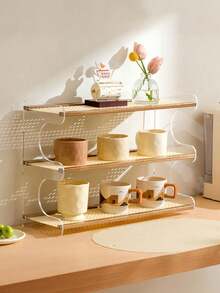 1pc Acrylic Multi-Layer Kitchen Storage Rack, Large Capacity Countertop Organizer, Tabletop Spice Rack, High-End Desk Cup Holder, Tea Set Storage Rack, Multi-Function Home Storage Rack, Suitable For Home, Bar Or Balcony Decor, Light Brown Surface, Kitchen Organization | Modern Kitchen Shelf | Bamboo Shelf, Kitchen Rack And Shelves - Multicolor - View 6