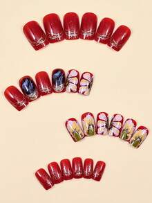 24片方形亮红色花朵美甲贴纸，亚克力材质，假指甲，适合日常佩戴 - 紅色 - 查看 3