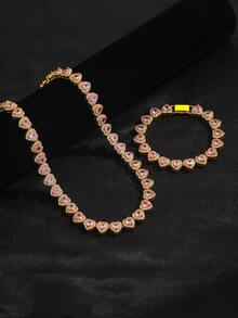 时尚优雅闪亮粉色心形项链手链套装，适合女士参加派对、日常佩戴、音乐节、情人节、节日礼物等场合。 - 時尚粉紅愛心項鍊 - 查看 16