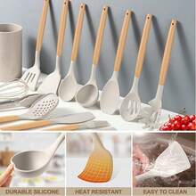 Silicone Cooking Utensil Set,12 PCS Cooking Cookware Kitchen Utensils Set For Cooking, Nonstick 446°F Heat-Resistant Cookware Kitchen Tools Of Spoon,Brush,Whisk,Spatula,Turner Tongs (Khaki) - Khaki - View 7