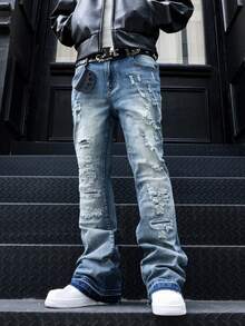 Jeans acampanados para hombres, jeans acampanados ajustados y desgastados, jeans apilados Y2K, jeans bordados con lavado de contraste, aptos para todas las estaciones - Azul - Ver 2