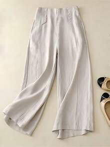 Women's Casual Button Decorated Wide Leg Pants, Non-Stretch, Comfortable & Versatile - Apricot - View 2