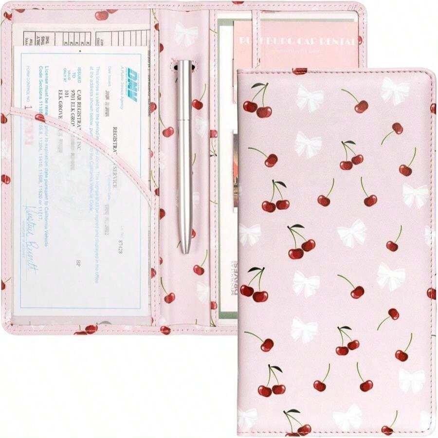 Mymazn Car Registration And Insurance Holder, PU Leather Glove Box Car Organizer With Magnetic Closure, Car Document Holder For Driver'S License &Amp; Essential Documents (Pink Bow) - ColorE - 查看 1