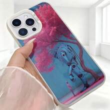 Cubierta de teléfono con diseño de robot bajo árbol de flores rosadas color azul para iPhone uso diario en cafeterías - Negro - Ver 5