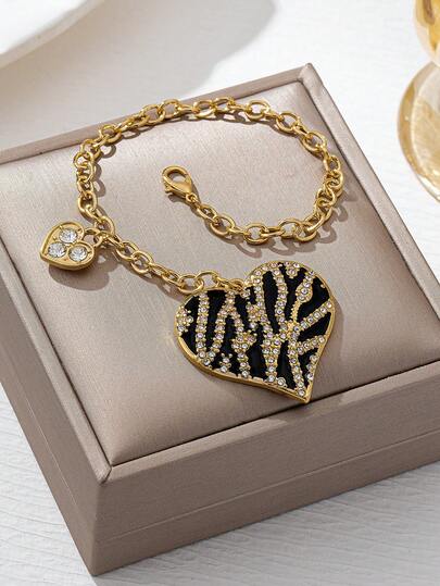 1 chiếc vòng tay mặt trái tim tráng men họa tiết da báo độc đáo, thanh lịch, tối giản cổ điển, thời trang và tinh tế, thích hợp làm trang phục hàng ngày hoặc quà tặng cho phụ nữ