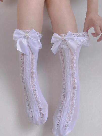 1 pereche șosete Lolita subțiri și drăguțe cu fundă din dantelă pentru femei, până la jumătatea gambei, dulci și versatile, primăvară/vară
