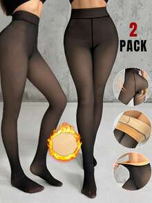 2条装女士高腰修身加绒半透明紧身裤/打底裤，黑色，适合冬季日常穿着 - 深灰色 - 查看 2