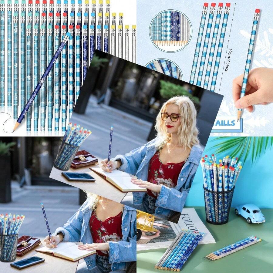 Sherr 36 Pieces Winter Snowflake Pencils With Eraser Toppers Bulk Operation Christmas Frozen Party Favors Holiday Pencils Gifts For Birthday School Reward Supplies Goodie Bags Stuffers - 藍白 - 查看 1