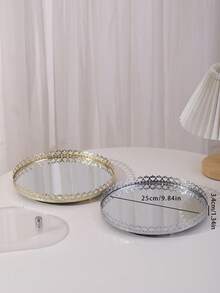 1pc Iron Art Gold/Silver Crown Edged Mirror Tray, European Style Glass Vanity Tray For Home Living Room Coffee Table, Luxury Feeling Tea Cup Plate Jewelry Cosmetic Storage Tray, Home Decor Bathroom Bedroom Candle Holder Tray ,Room Decor - Multicolor - View 2