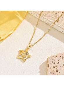 1件金色不锈钢镀层立方氧化锆星形吊坠项链，法式甜美浪漫韩式优雅复古时尚百搭礼物，适合女性，街头、日常、节日、派对佩戴（OPP袋包装） - 金黃色 - 查看 4