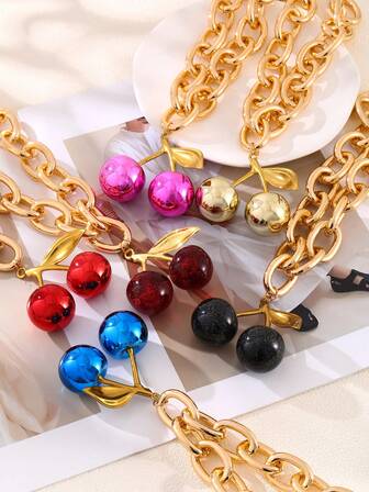 1 pieza Collar de cadena gruesa de aleación con diseño de cereza, elegante y exquisito, para el Día de San Valentín, para mujeres, hermanas, parejas, regalo de joyería perfecto para uso diario, citas, fiestas, vacaciones y atuendos